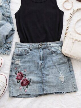 Angel Kiss Denim Mini Skirt Womens M Y2K Embroidered Rose Distressed Frayed Hem